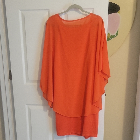 Vibrant Orange spagetti strap under with scarf overlay Layered Dress Sz3XL - Picture 5 of 7